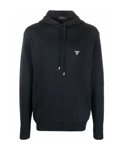 Prada Logo Hooded Sweater In Black