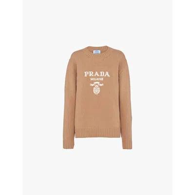 PRADA WOMENS BROWN LOGO-INTARSIA CASHMERE AND WOOL-BLEND SWEATER