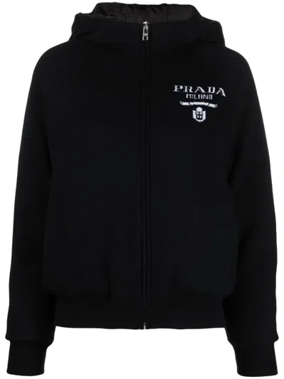 Prada Logo-intarsia Cashmere-blend Hooded Jacket In Black