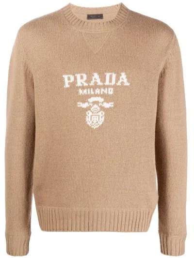 Prada Intarsia-knit Logo Wool-blend Jumper In Brown