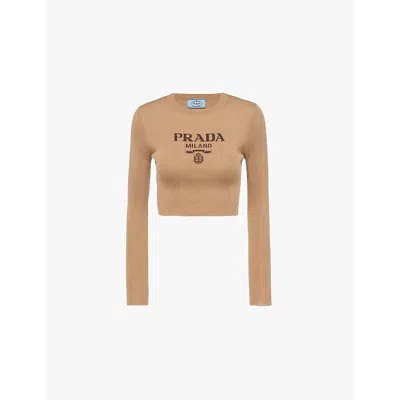 PRADA WOMENS BROWN LOGO-INTARSIA CROPPED SILK JUMPER