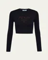 Prada Logo-intarsia Rib Cropped Silk Sweater In Bleu