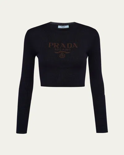 Prada Logo-intarsia Rib Cropped Silk Sweater In Bleu
