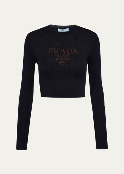 Prada Logo-intarsia Rib Cropped Silk Sweater In Black