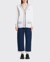 Prada Logo-intarsia Silk Cardigan W/ Contrast Tipping In Bianco Nero