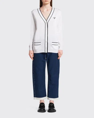 Prada Logo-intarsia Silk Cardigan W/ Contrast Tipping In Bianco Nero
