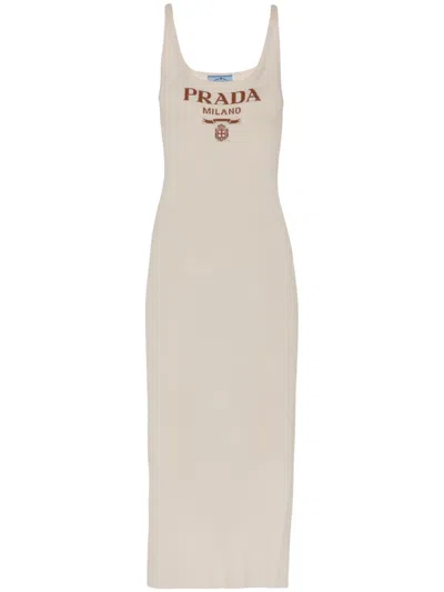 PRADA LOGO-INTARSIA SILK MIDI DRESS