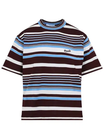 Prada Logo-intarsia Striped Cotton T-shirt Clothing In Brown