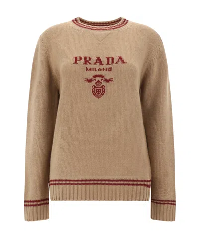 PRADA PRADA LOGO-INTARSIA STRIPED-TRIM CREWNECK JUMPER