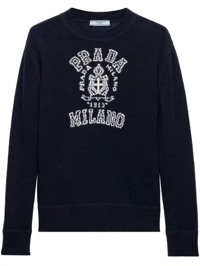 Prada Logo-intarsia Sweater In Blue