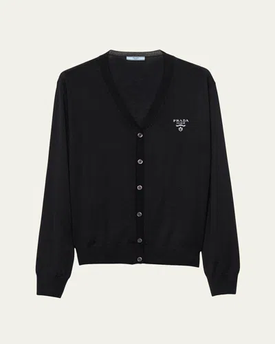 Prada Logo Intarsia V-neck Superfine Cashmere Cardigan In Nero