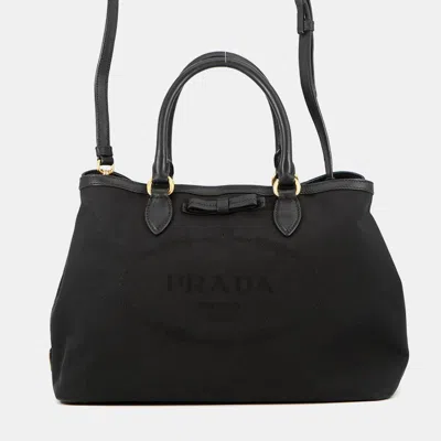 Pre-owned Prada Logo Jacquard 1ba579 Black Canvas Leather 2way Tote Bag