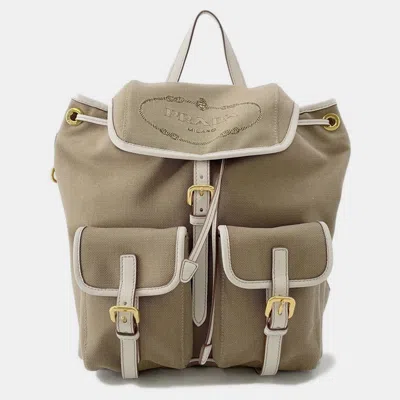 Pre-owned Prada Logo Jacquard Backpack Beige Canvas In Sand