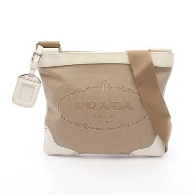 Prada Logo Jacquard Canvas Leather Shoulder Bag In Beige