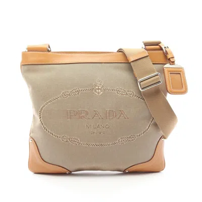 Prada Logo Jacquard Canvas Leather Shoulder Bag In Beige