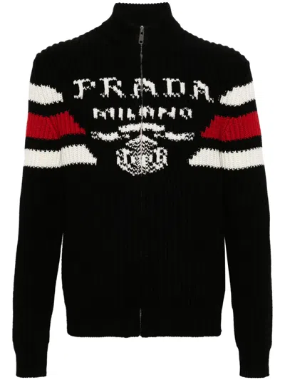 Prada Textured Striped Cashmere Cardigan In Black