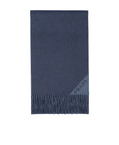 Prada Logo-jacquard Double Cashmere Scarf In Blue