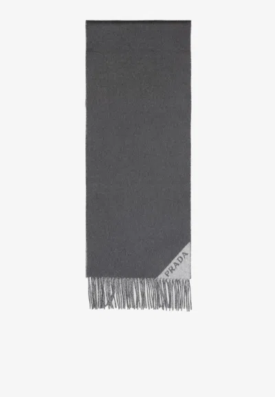 Prada Logo Jacquard Fringed Cashmere Scarf In Gray