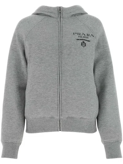 Prada Luxe Cashmere Blend Hooded Down Jacket In Gray