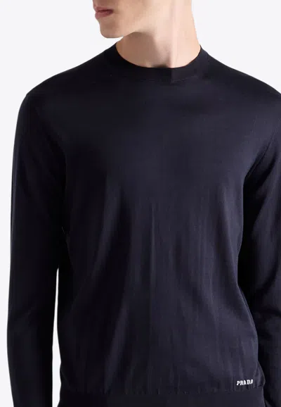 Prada Logo Jacquard Silk Sweater In Midnight Blue
