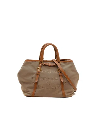 Pre-owned Prada Logo Jacquard Tote Bag In Beige