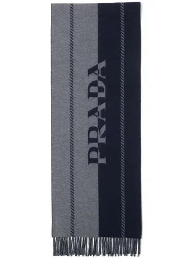 Prada Small Wool Scarf With Jacquard Logo In Gray