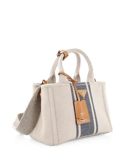 Pre-owned Prada Logo Jardiniere Triangle Embroidered Canvas Tote Bag In Neutrals