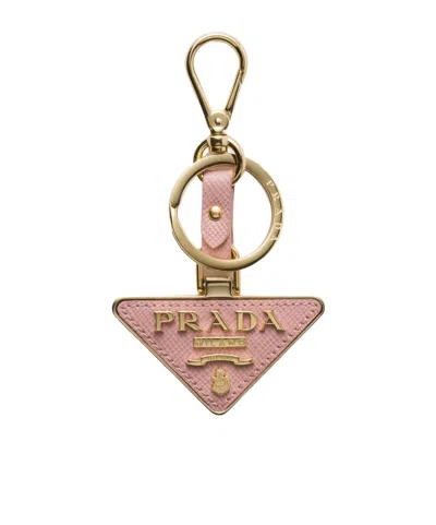 Prada Saffiano Leather And Metal Keychain In Peach
