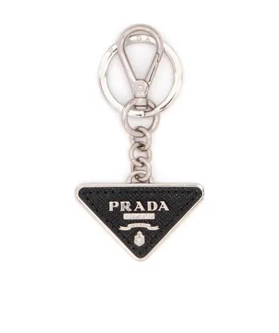 Prada Two-tone Leather And Metal Keychain In Silver