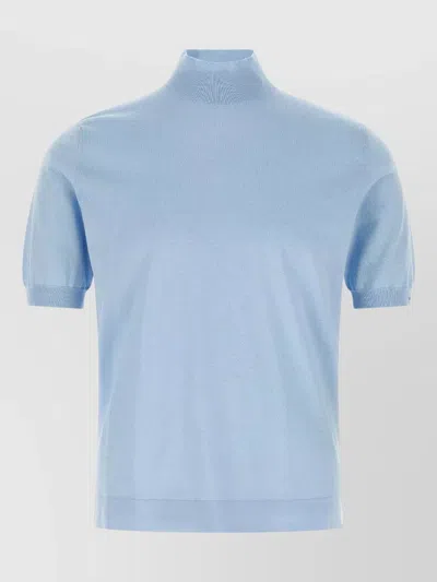Prada Logo Knit Short Sleeve Raised Neck Top In Blue