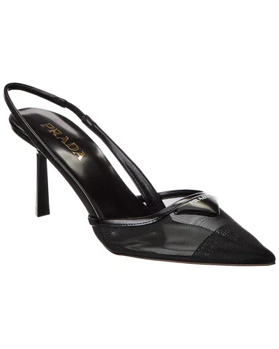 Prada Logo Leather & Mesh Pointy-toe Slingback Pump