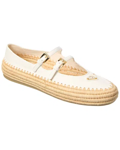 Prada Logo Leather & Raffia Ballet Flat In White