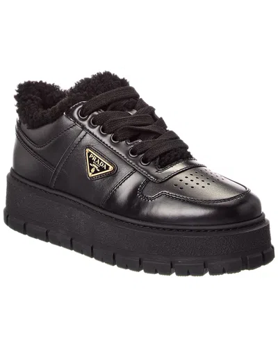 Prada Logo Leather & Shearling Platform Sneaker In Black