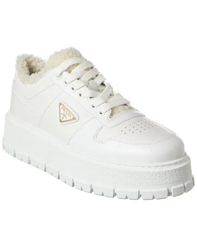 Prada Logo Leather & Shearling Platform Sneaker In White