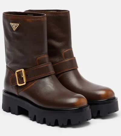PRADA LOGO LEATHER BIKER BOOTS