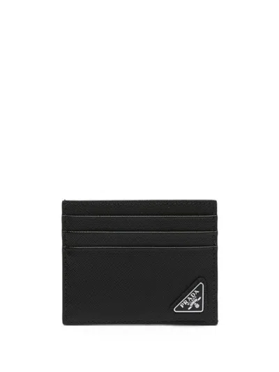 Prada Logo Leather Card Holder In Black