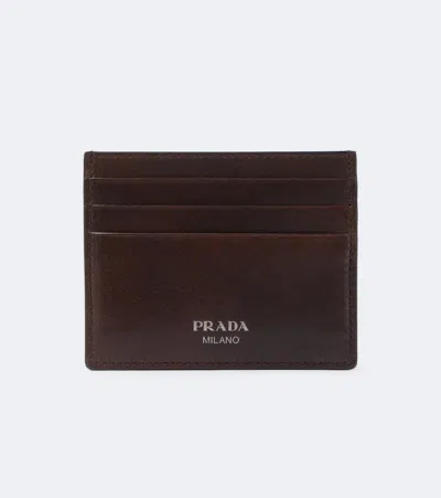 Prada Logo Leather Card Holder In Brown