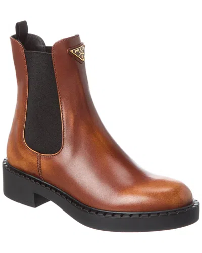 Prada Logo Leather Chelsea Boot In Brown