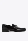 Prada Classic Round Toe Leather Loafers With Low Block Heel In Black