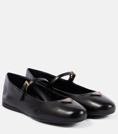 PRADA LOGO LEATHER MARY JANE FLATS