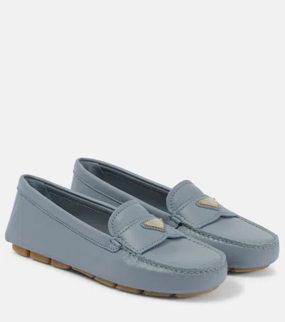 Prada Logo Leather Moccasins In Blue