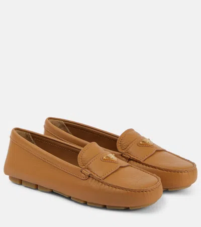 Prada Logo Leather Moccasins In Brown