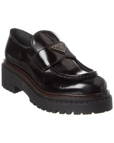 Prada Logo Leather Platform Loafer In Black