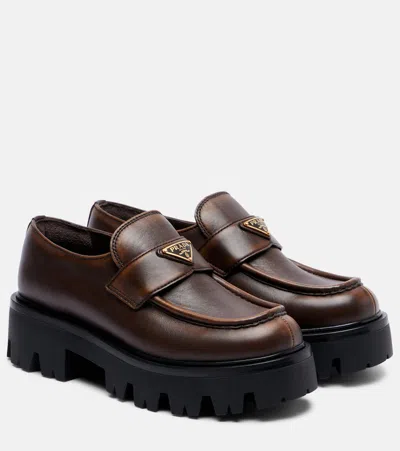 Prada Logo Leather Platform Loafers In Brown