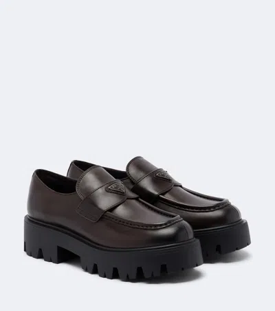 Prada Logo Leather Platform Loafers In Brown