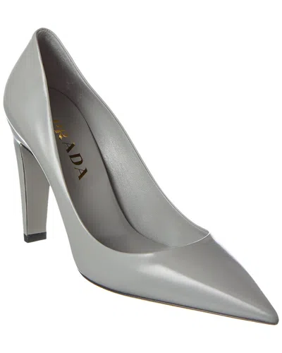 Prada Logo Leather Pointy-toe Pump In Grey