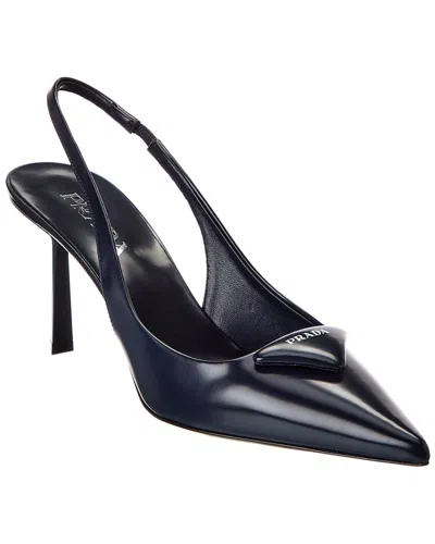 Prada Logo Leather Pointy-toe Slingback Pump In Black
