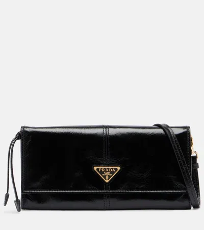 Prada Logo Leather Pouch With Strap In Black