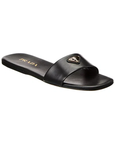 Prada Logo Leather Sandal In Black