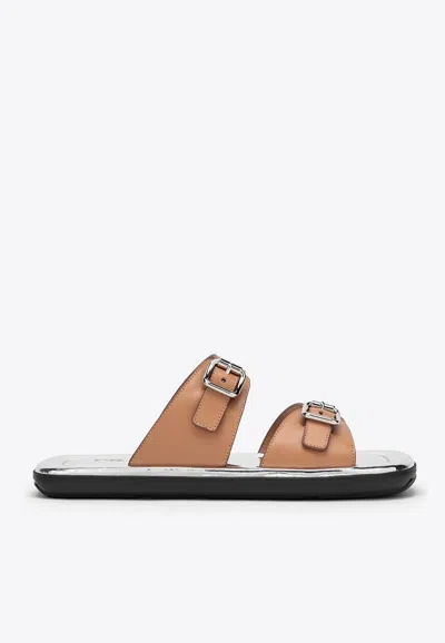 Prada Logo Leather Sandals In Brown